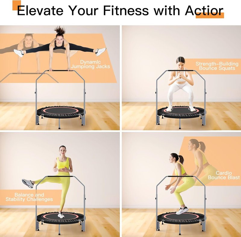 Foldable Mini Fitness Rebounder - Adjustable Foam Handle, Max Load 440 lbs | 40"/48" Indoor Cardio for Adults