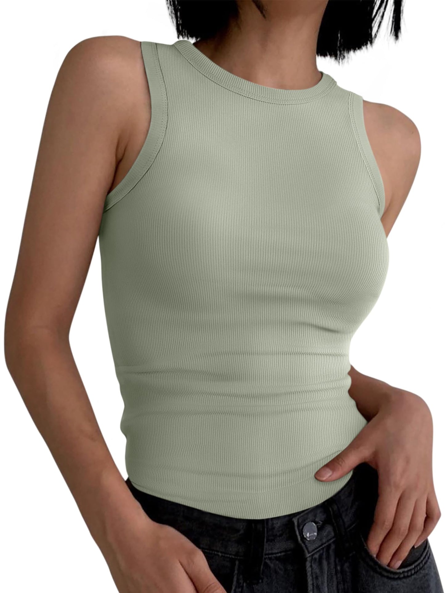 ANRABESS Womens Sleeveless High Neck Tank Tops Fashion Summer Casual Basic Slim Fit Ribbed Racerback Top Shirt Clothes Sage Green Large