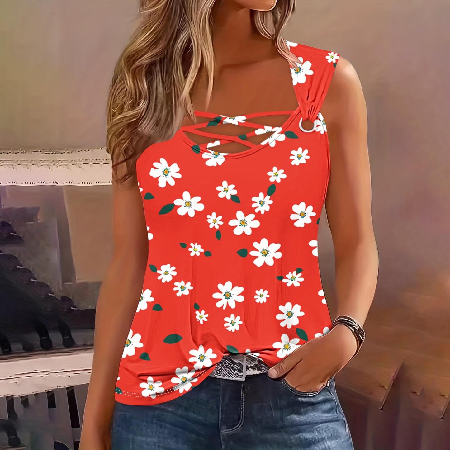 Gcvizuso Cotton Tank Top Women Womens Tank Tops Summer Casual Printing Tee Vacation Dressy Fashion Tshirt 2024 Sleeveless Loose Fit Blouse Deal of The Day Prime