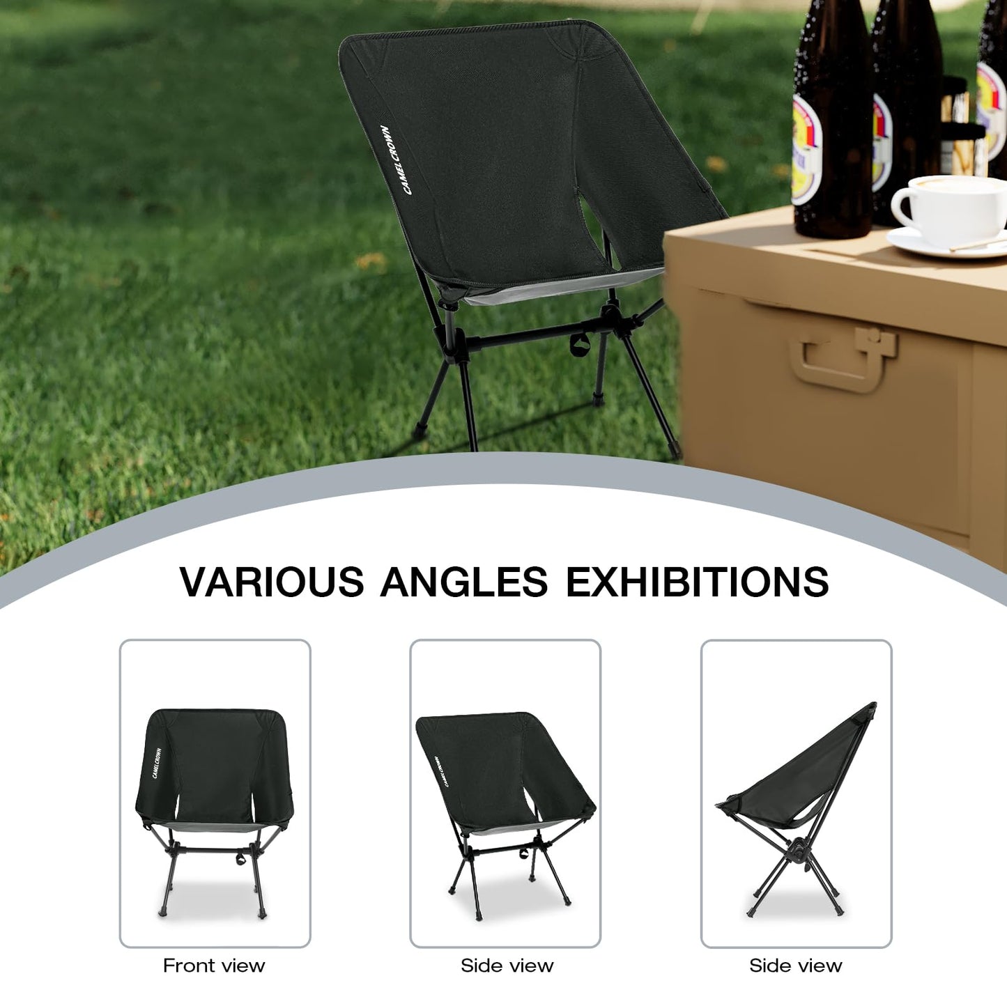 CAMEL CROWN Portable Camping Chair Folding Compact Lawn Lightweight Backpacking Chair with Carry Bag for Outdoor Hiking Beach Travel Picnic Festival Black