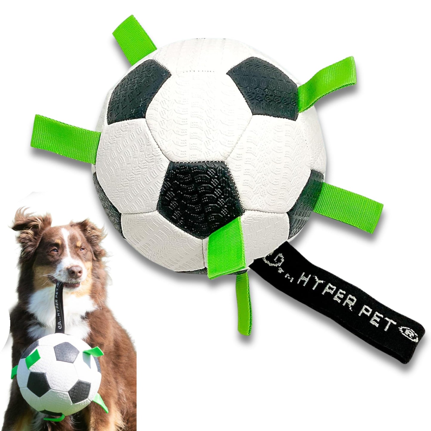 Hyper Pet Grab Tabs Dog Soccer Ball with Straps (7.5") Indoor or Outdoor; Interactive Durable Fetch Ball with Tug Toy for All Dog Breeds