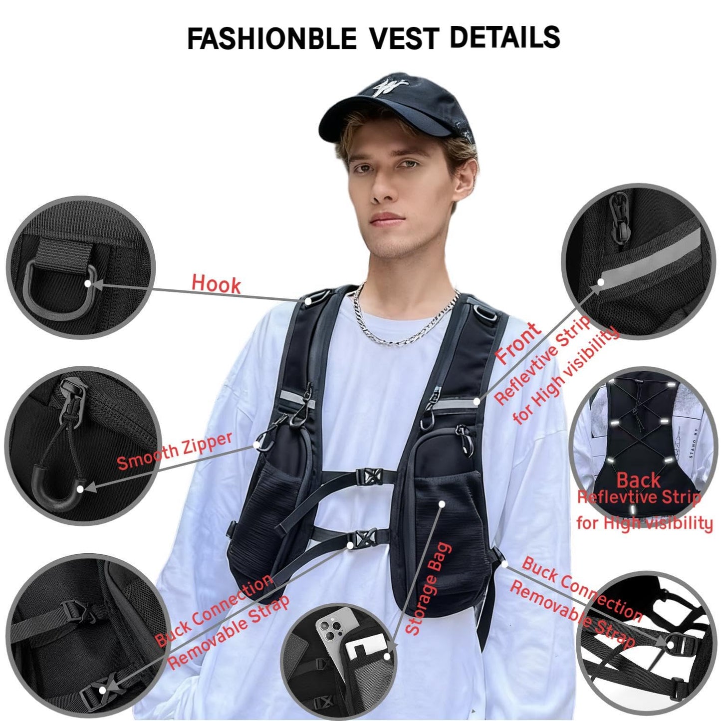 Breathable Reflective Running Vest, Cargo Vest - Men Women Outdoor Pack Multi-Pocket Breathable for Cycling Hiking Rave Running Fishing Black