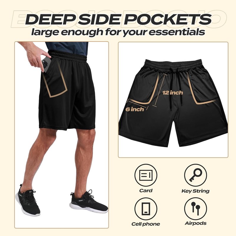 Men's Athletic Gym Shorts - 5 Pack Quick Dry Basketball Shorts with Pockets for Running & Casual Activewear | Black