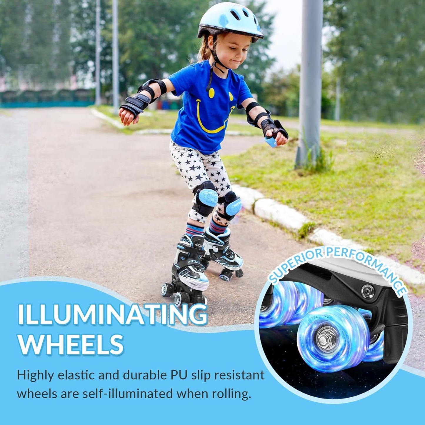 ECOO Roller Skates for Girls Boys Ages 4-12, Toddler Kids 4 Size Adjustable Light up Wheels Beginner Skates (Blue, Medium-Big Kids（13j-3 US）)