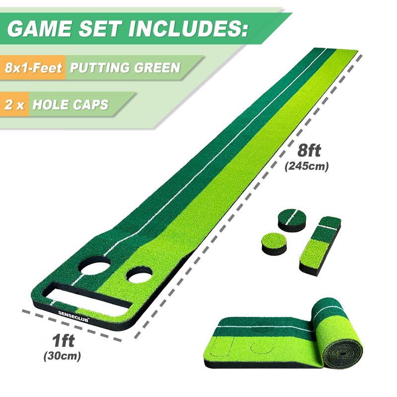 SENSECLUB Indoor Putting Green Game, Foldable Putting Mat Golf Game Set, Golf Gifts for Men - 1x8 Ft