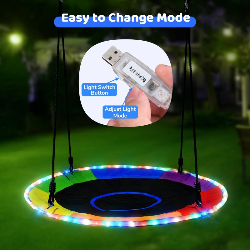 Trekassy 700lbs 40" Saucer Tree Swing for Kids Adults Outdoor with LED Lights, 2 Tree Hanging Straps-Rainbow