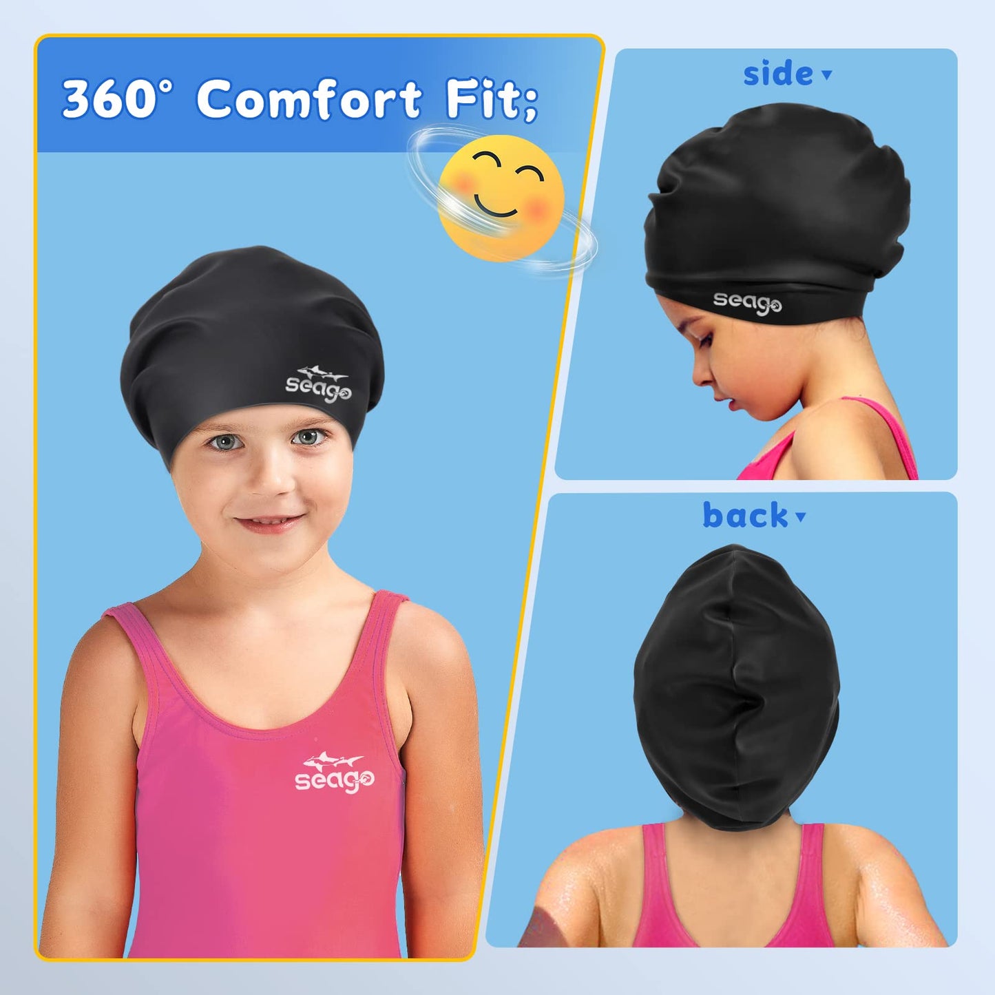 Seago Swim Cap for Kids 6-14 Large Swim Cap for Braids and Dreadlocks Long Hair Swimming Caps for Girls Boys Youth with Nose Clip Waterproof Pool Silicone Bathing Swimming Cap That Keep Hair Dry