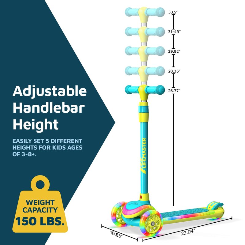 Lifemaster 3-Wheel Kids Scooter with Multi-Color Lights on Deck & Wheels – 5-Height Handlebar, Wide Anti-Slip Deck, Child Safety Certified, Boys & Girls Ages 3+ Supports Up to 150 lbs, Aqua Yellow