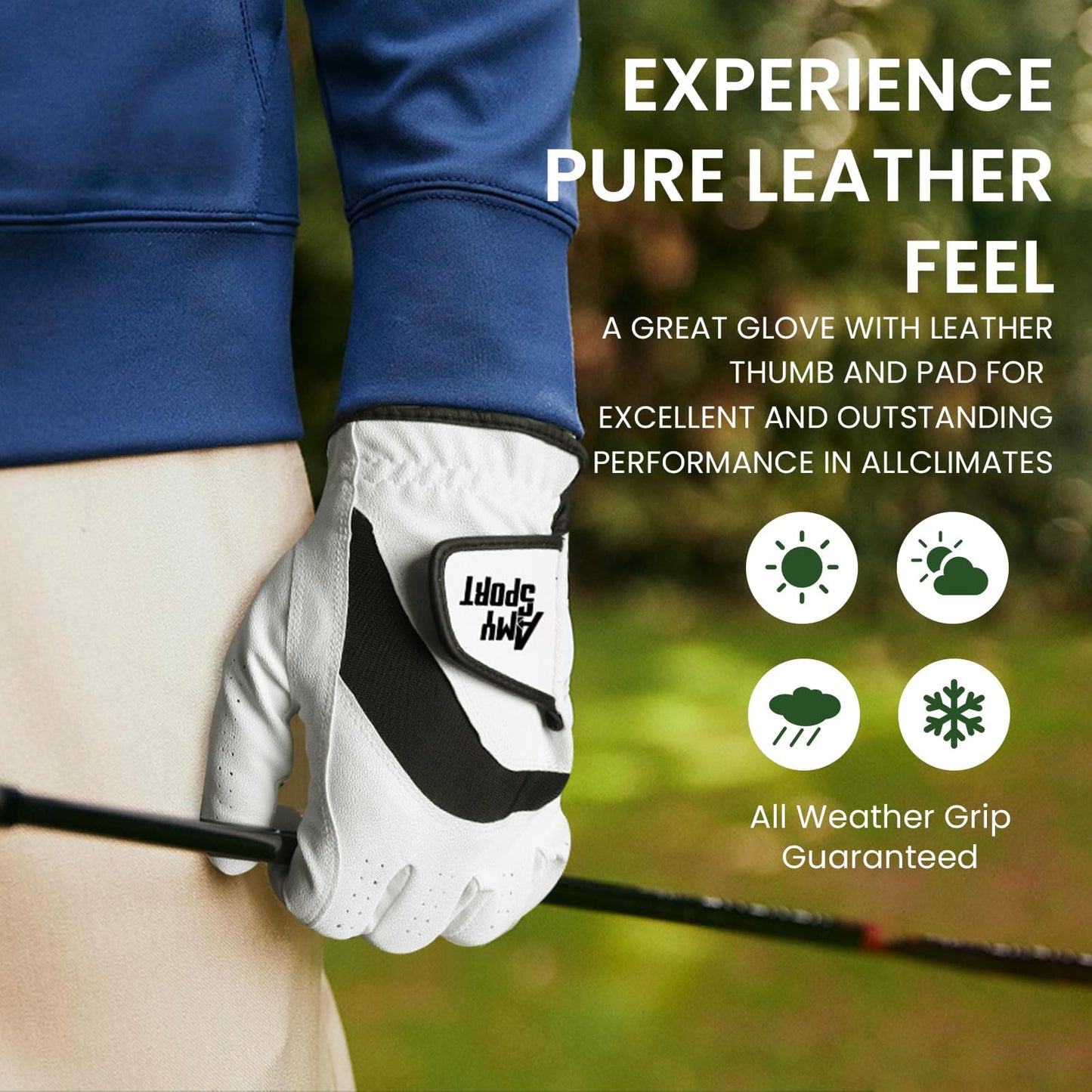 Amy Sport Golf Gloves Men Right Handed Golfer Left Hand 3 Pack PU Leather All Weather Grip Soft Breathable Flexible for Mens (White-3 Pack, Large, Right)
