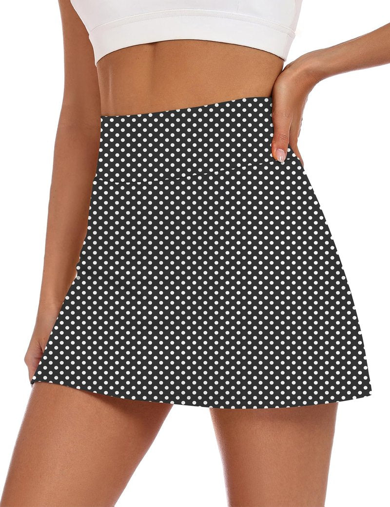 LOMON Womens Mini Skort with Built-in Shorts and Pockets, High Waisted A-Line Stretchy Athletic Skirt for Tennis Golf Gym & Everyday Styling (Black Dot, S)