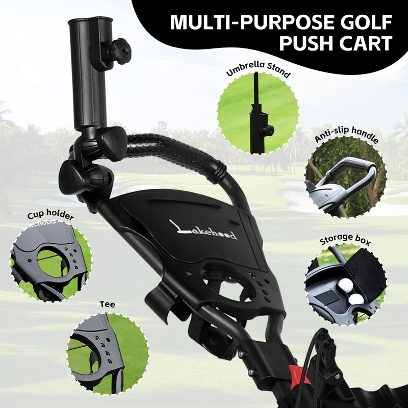 Lakehood 3 Wheel Golf Push Cart & Golf Bag Cart - Easy Fold/Unfold, Smooth Golf Push Pull Cart, One-Tap Brake, Push Golf cart Perfect for Golf Enthusiasts & Professionals (Black)