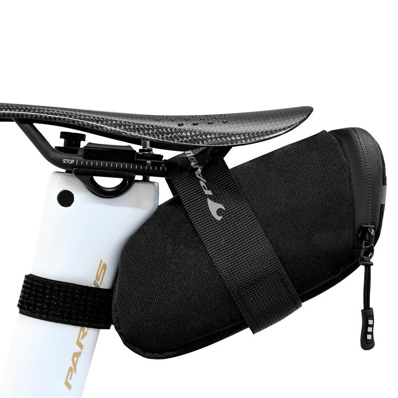 PARDUS Bike Saddle Bag, Water Resistant Bicycle Seat Bag, Durable Under Seat Storage Pouch with Multi-Tool Sleeves, Small Compact Bike Bag, Black