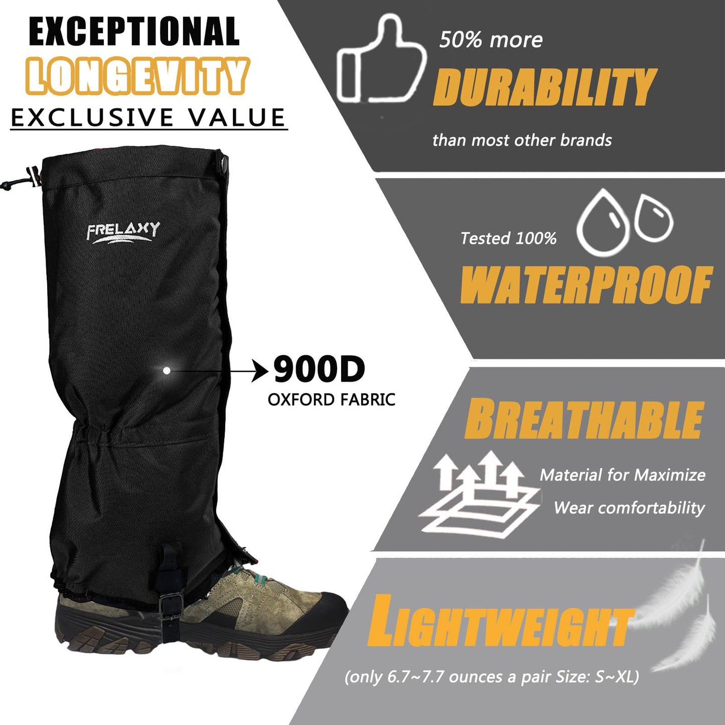 Frelaxy Leg Gaiters Ultra HIGH-Performance Hunting Gaiters, 100% Waterproof Hiking Gaiters with Upgraded Rubber Foot Strap, Adjustable Snow Boot Gaiters (Jet Black,S), Small