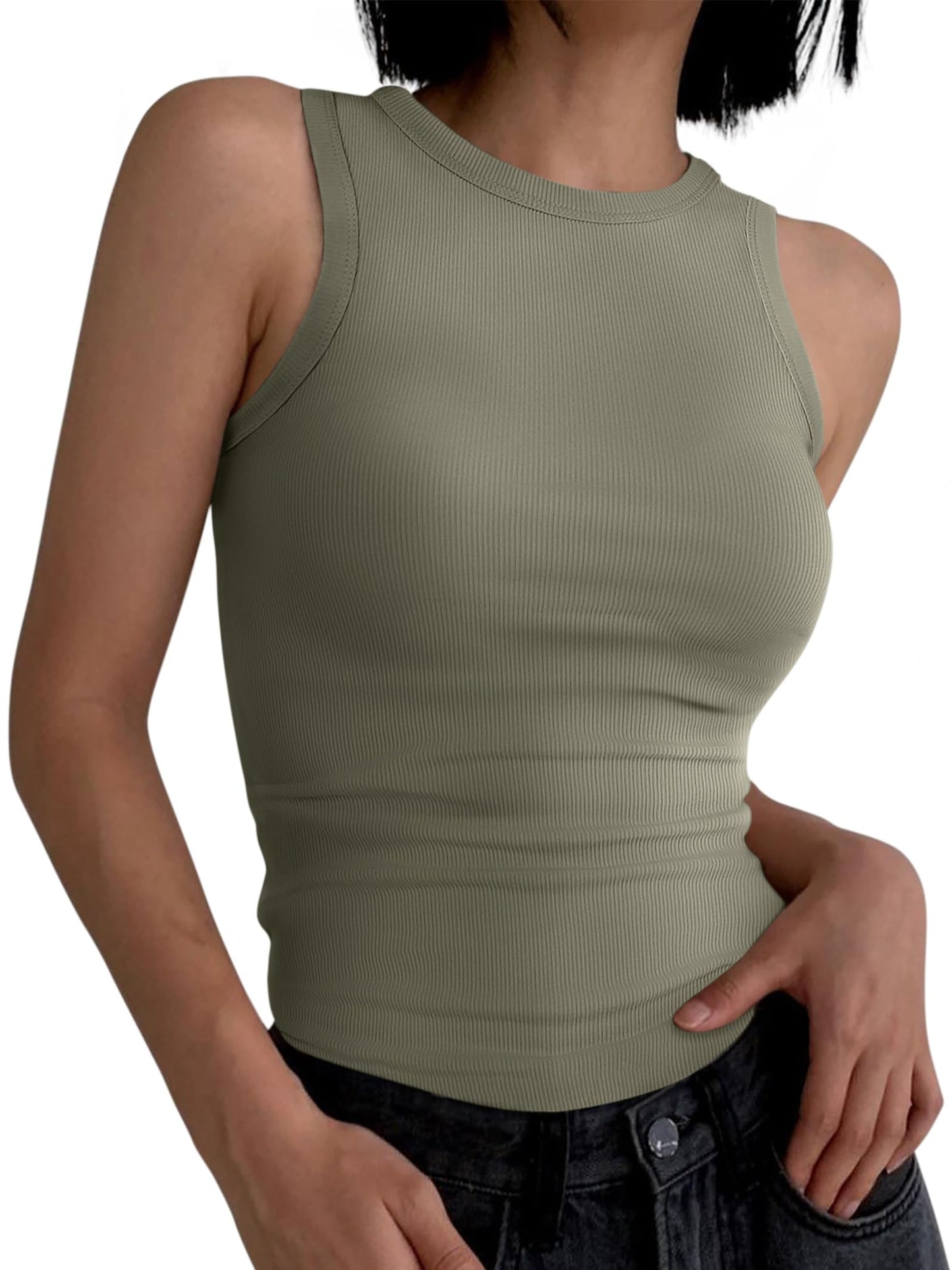 ANRABESS Womens Sleeveless High Neck Tank Tops Fashion Summer Casual Basic Slim Fit Ribbed Racerback Top Shirt Clothes Olive-X-Small