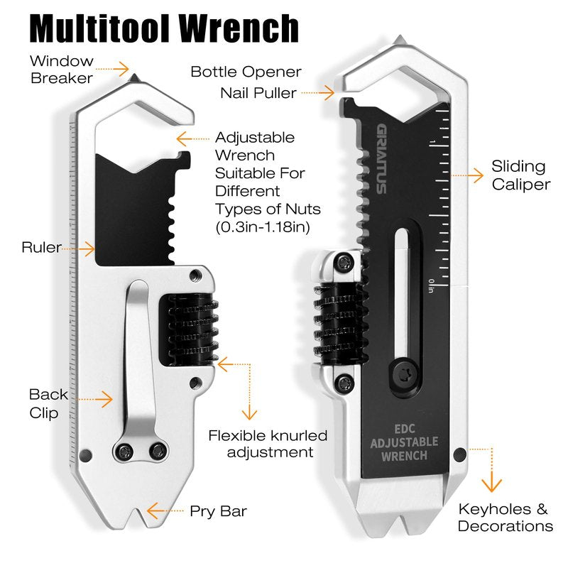 Small Multitool Wrench 9 in 1 Pocket Adjustable Wrench for Screw with Mini Pry Bar Nail Puller Keychain Tool Caliper Measuring Ruler Glass Breaker EDC Gadget Survival Gear for Men Cycling Hiking