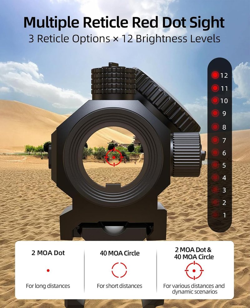 EZshoot 2 MOA Dot & 40 MOA Circle Red Dot Sight, Motion Awake Red Dot Scope, Multiple Reticle 1x20mm Compact Optics with Lower 1/3 Co-Witness Mount for 21mm Picatinny, 12 Brightness 20000H Runtime