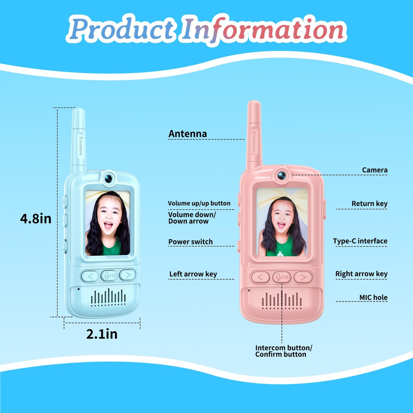 Video Walkie Talkies for Kids Rechargeable Walkie Talkies Long Range with Emoji Chat and Photo Functions Multifunctional Indoor Outdoor Toys for Kids Christmas Birthday Gifts (Pink&Blue)