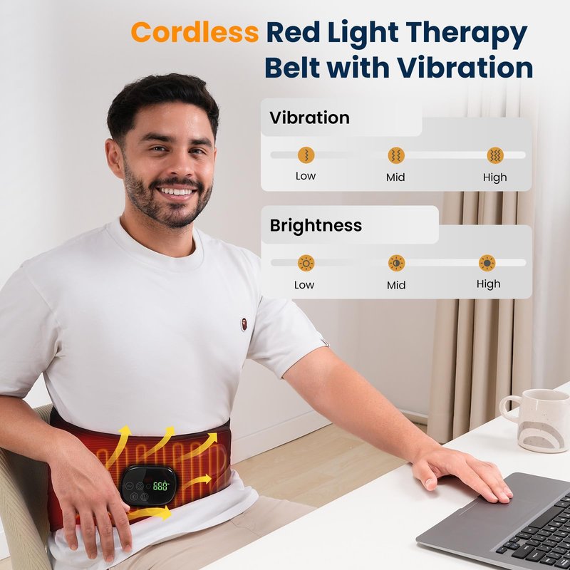 HOMVIMI Cordless Red Light Therapy Belt for Back Waist, Infrared Light Pad for Body Pain Relief, LED 660nm & 850nm Vibrating Massager with 3 Vibration, Back Brace Valentine Gifts for Men Women Mom Dad