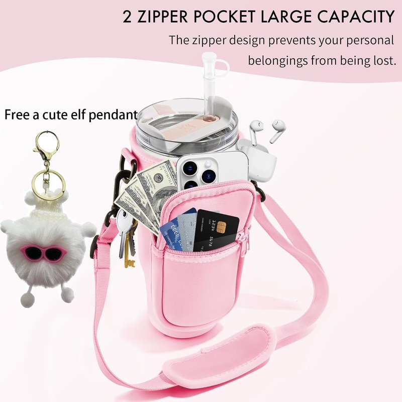 AFIAFTY Water Bottle Holder with Strap, Stanley Bag/Stanley Cup Holder with Strap for Stanley Quencher H2.0 40 oz, Tumbler Accessories with Coal Ball Pendant & Carabiner, Stanley Cup Accessories