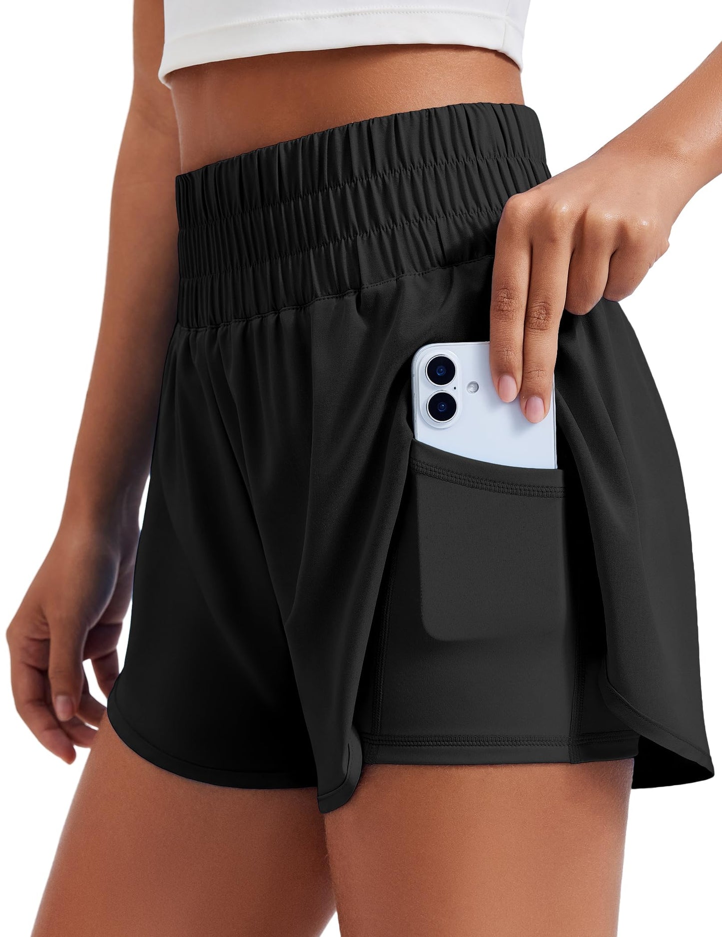 PINSPARK Women 2 in 1 Running Athletic Shorts High Split Dolphin 3 Inch Gym Shorts Quick-Dry Workout Active Sports Shorts with Liner and Pockets, Black Large