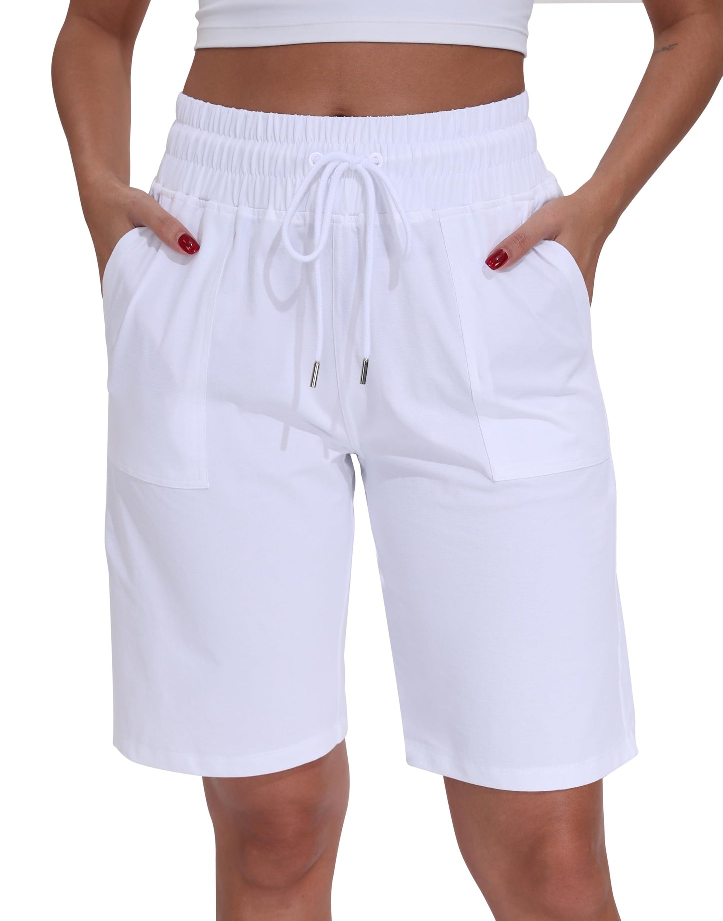 WEAREFO Women's Bermuda Shorts 10" Long High Waisted Comfy Jersey Knee Length Shorts with Pockets for Athletic Casual Wear (White, XL)