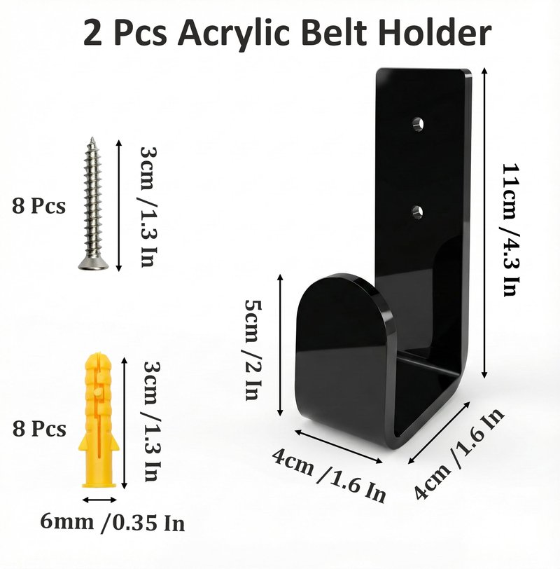 2PCS Championship Belt Wall Mount, 5mm Thick Black Acrylic Display Holder, Heavy Duty Hanger Rack for Pro Wrestling, MMA, Boxing Replica Championship Belts, Horizontal Floating Hanging Kit with Screws