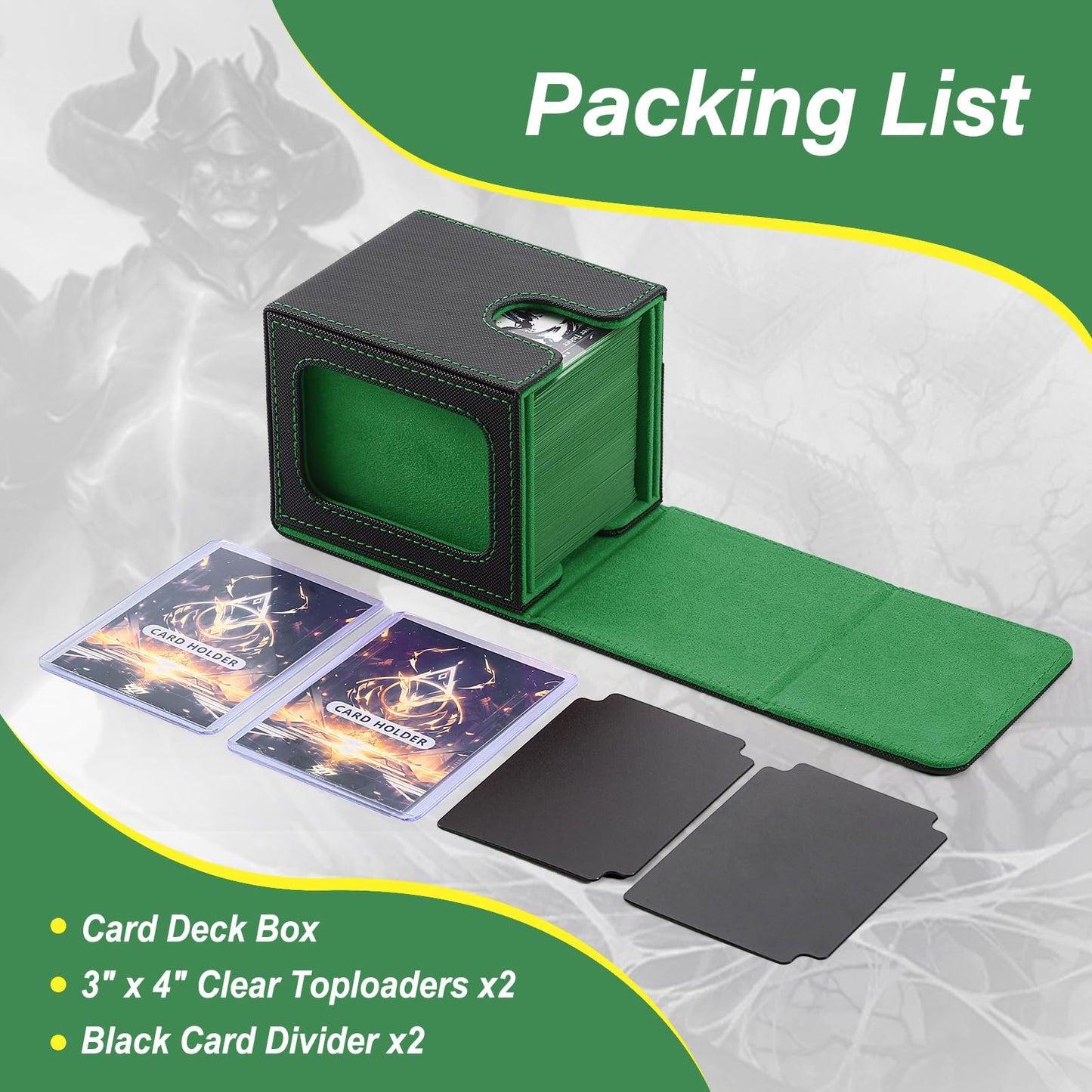 Commander Deck Box for MTG with double display windows,Card Storage Box Fits 120+ Single sleveed Cards,Magnetic Card Box with 2 Dividers&2 Toploaders for TCG Black/Green