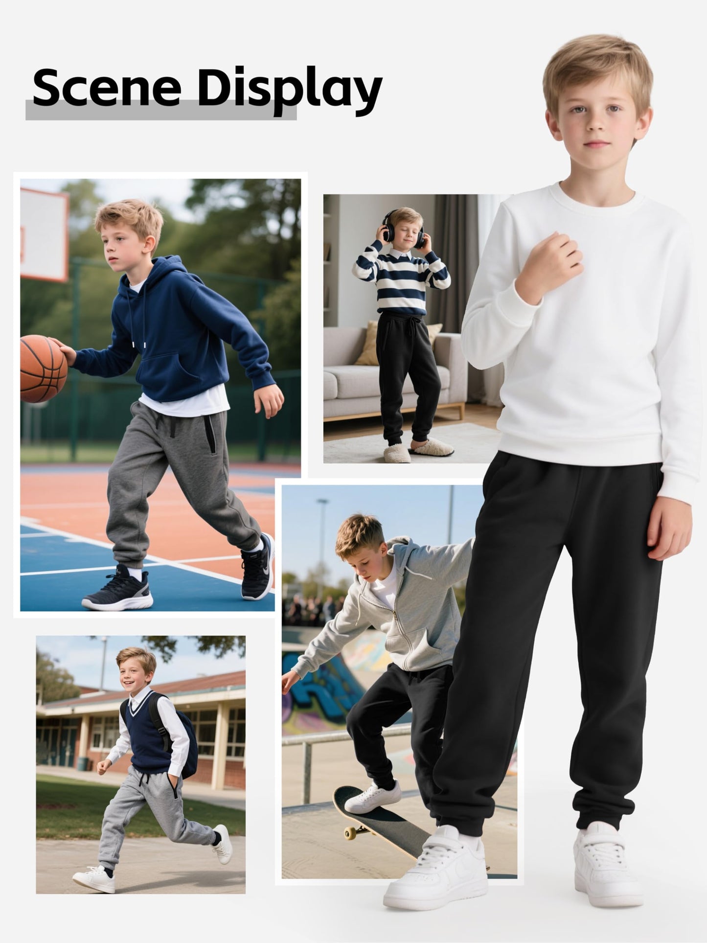 Aocku 3 Pack Boys Sweatpants Fleece Cotton Athletic Pants Boys Joggers with Zipper Pockets Kids Youth Workout Sweat Pants Size 5-16
