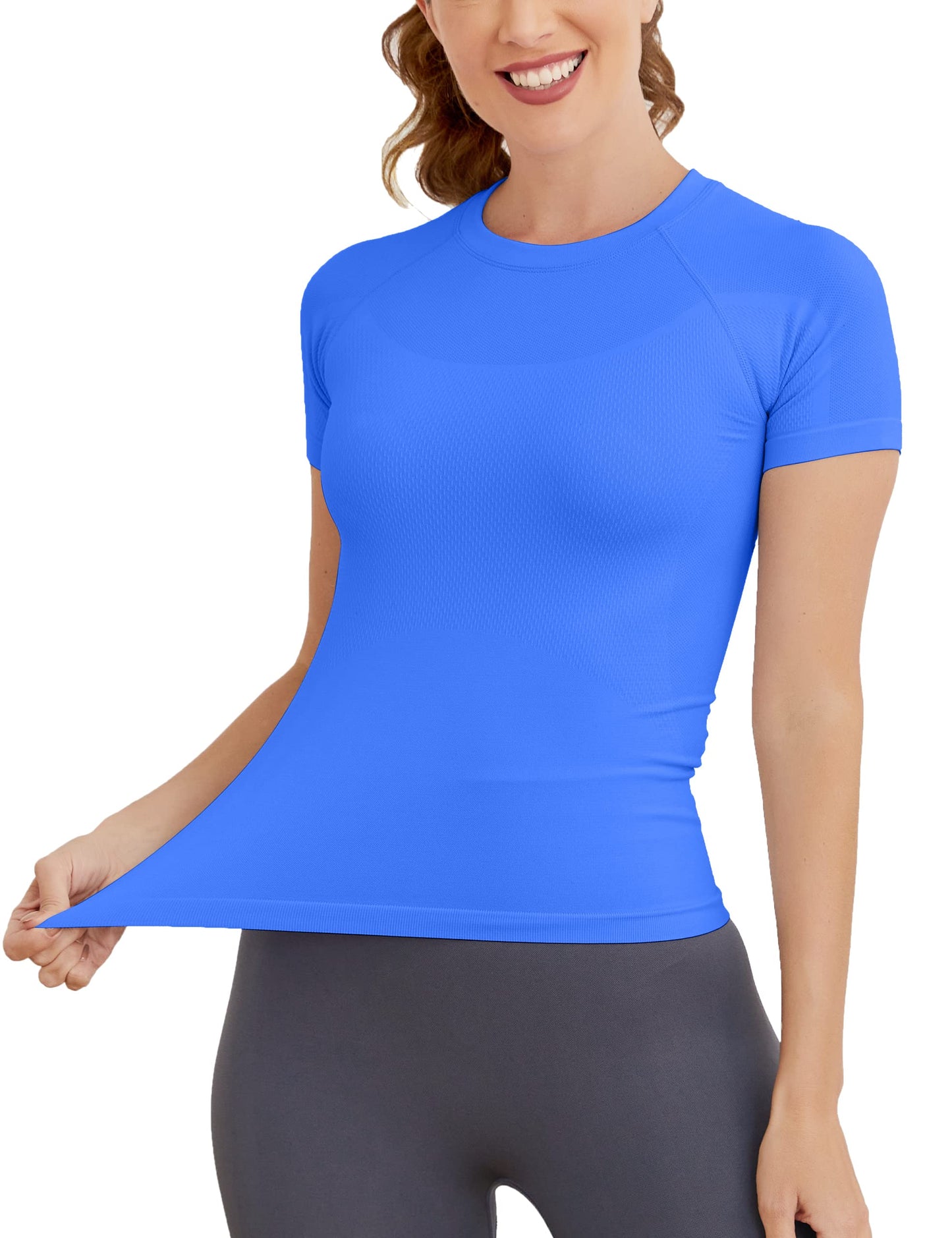 MathCat Short Sleeve Workout Tops for Women, Seamless Women's Compression Shirt, Yoga Running Athletic Shirts Soft Gym Tops Lakeblue