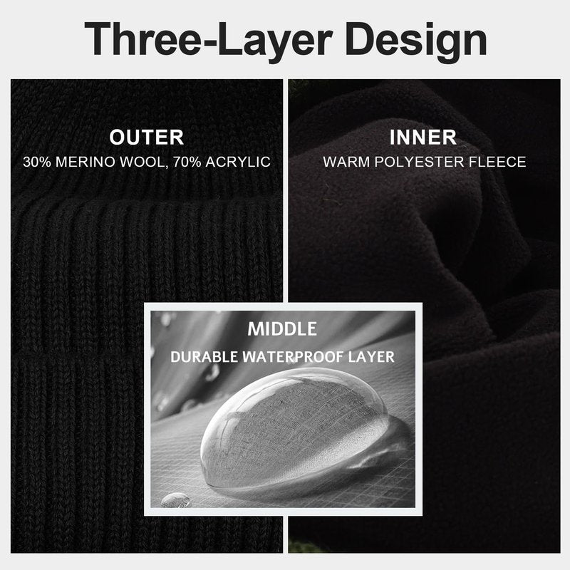 Oversize XL XXL Waterproof Merino Wool Beanie for Men Women Big Head, Warm Fleece Lined Large Winter Hat, Plus Size Big Knit Skull Stocking Cap, Rainproof Windproof Cuffed Beanie for All Weather Black
