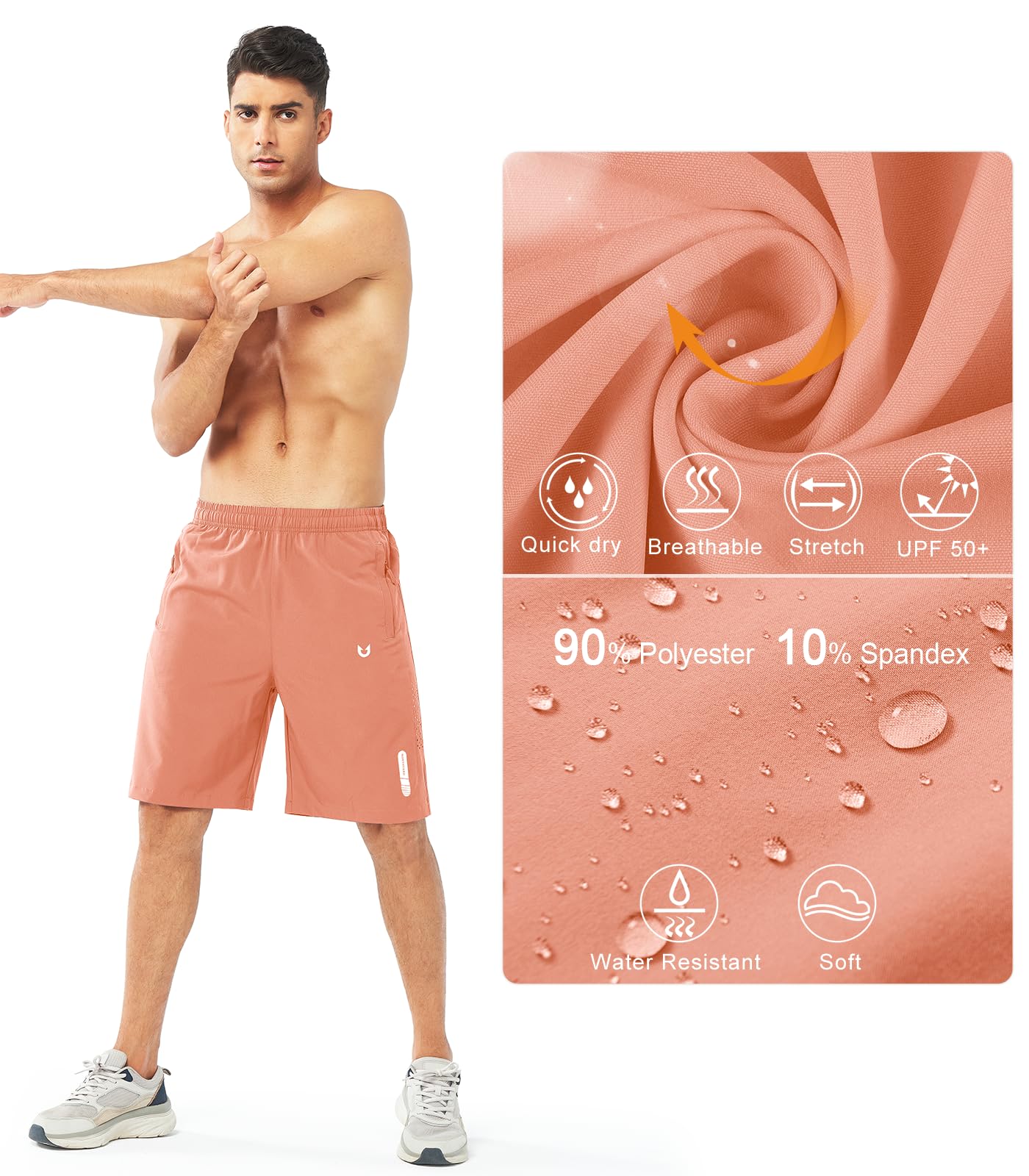 NORTHYARD Men's Athletic Running Shorts Gym Workout 7"/9"/5" Quick Dry Lightweight Sports Basketball Tennis 3 Zipper Pockets PINKORANGE-9inch M