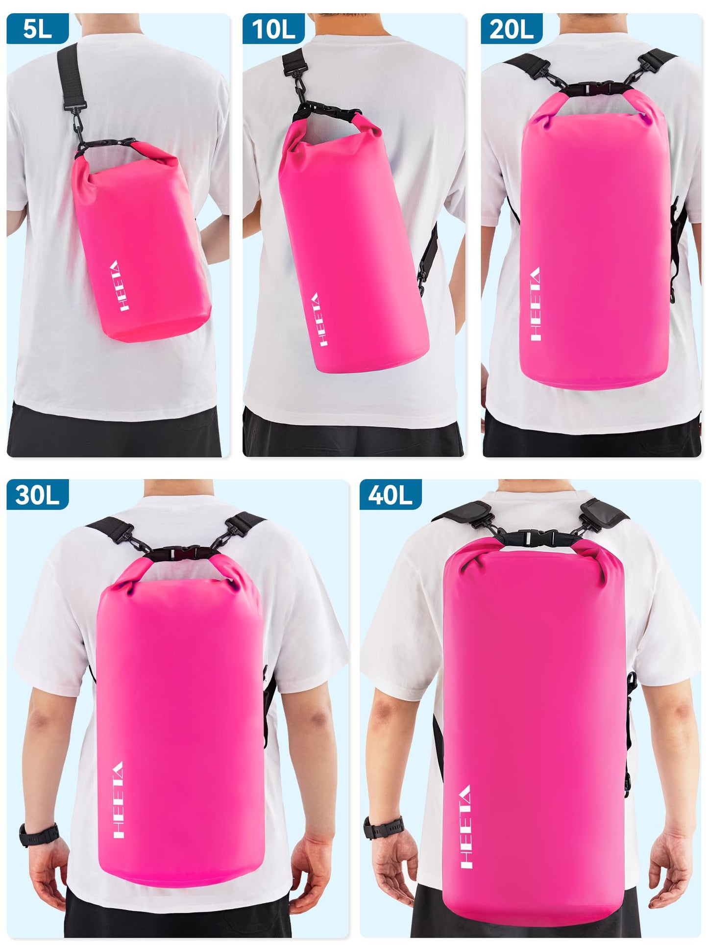 HEETA Waterproof Dry Bag for Women Men, Roll Top Lightweight Dry Storage Bag Backpack with Emergency Whistle for Travel, Kayaking, Boating, Camping, Beach, Cruise Ship Essentials (Rose Red, 5L)