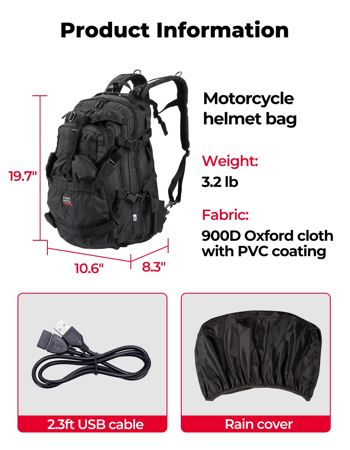 KEMIMOTO Motorcycle Helmet Backpack, 37L Large Capacity Helmet Bag with USB Charging Port, Riding Commuting Backpack for Men