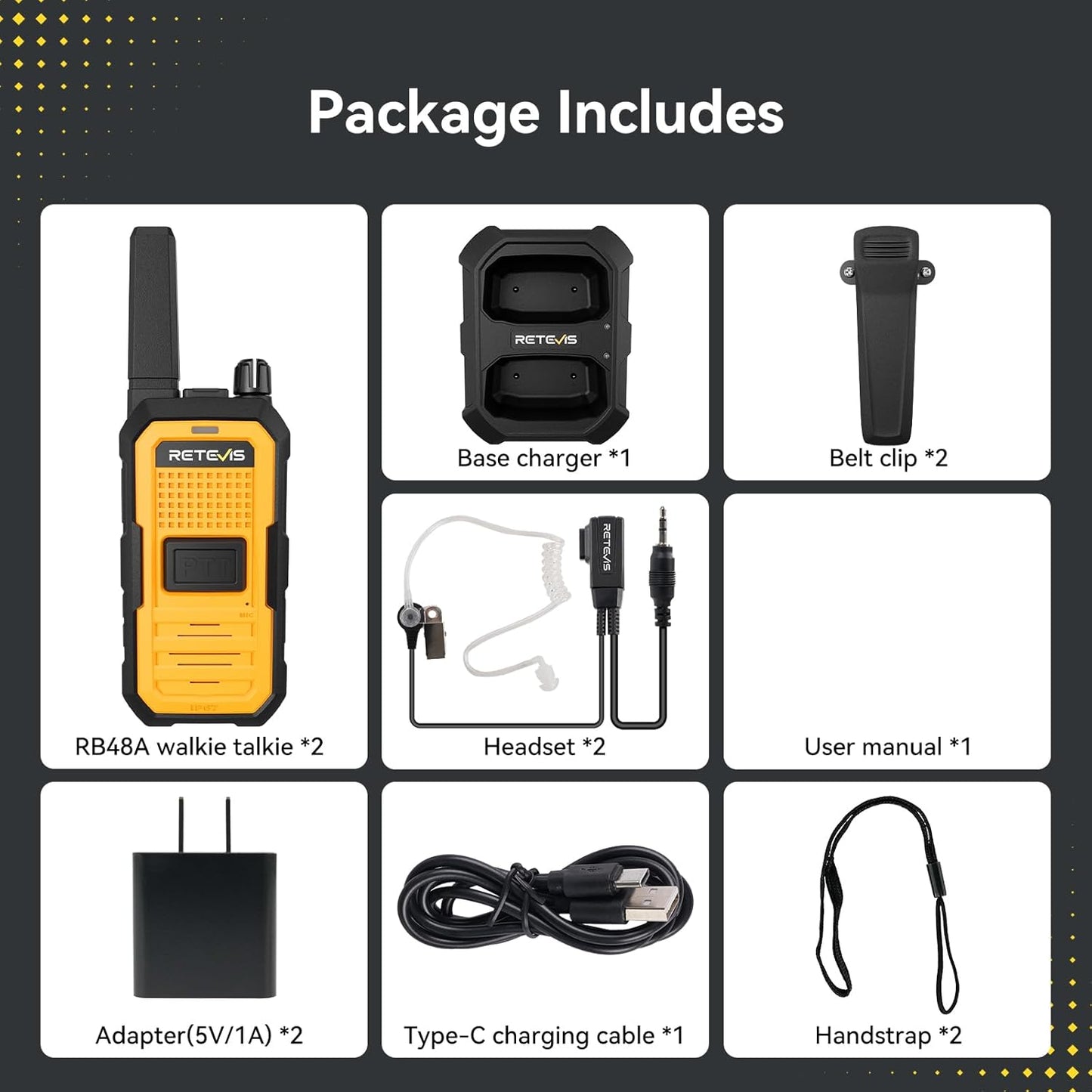 Retevis RB48A Waterproof Walkie Talkies - Long Range Two-Way Radios with Earpieces | IP67, NOAA Alerts, 23-Hour Battery (2 Pack)