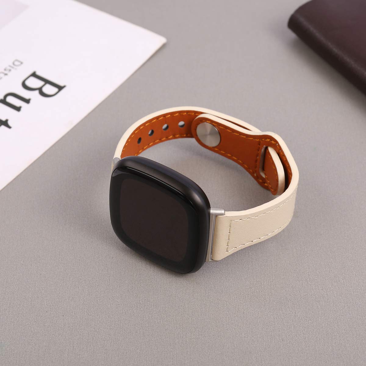 Mtozon Leather Bands Compatible with Fitbit Sense 2/Sense/Versa 4/Versa 3, Replacement Genuine Leather Straps for Women Men, Beige A