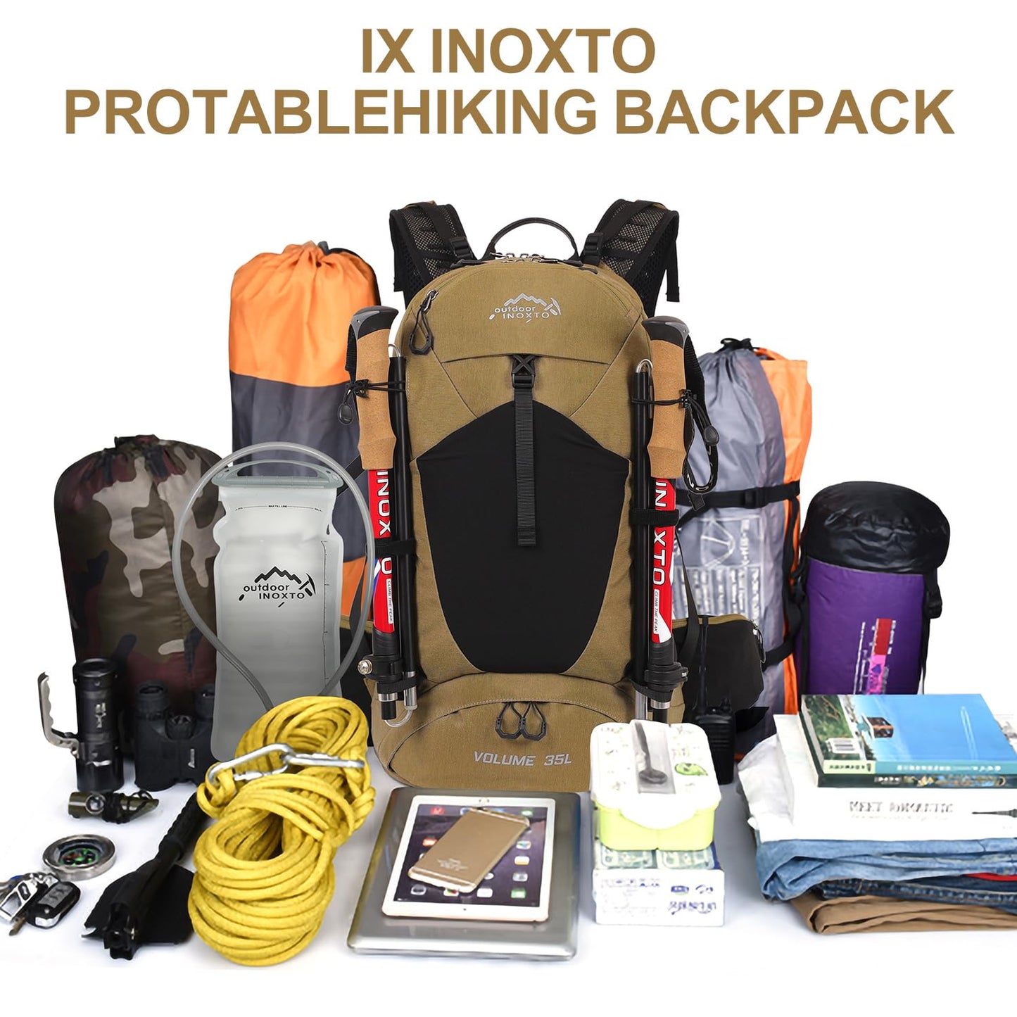 IX INOXTO Hiking Backpack,35L Waterproof Hiking Daypack with 3L Water Bladder and Rain Cover, Lightweight Travel Camping Backpack for Men Women (Khaki)