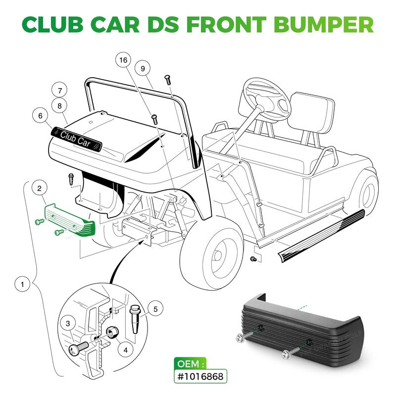Panglong Club Car DS Front Bumper, Golf Cart Bumper Fits 1993-up Club Car DS Golf Cart, OEM 1016868