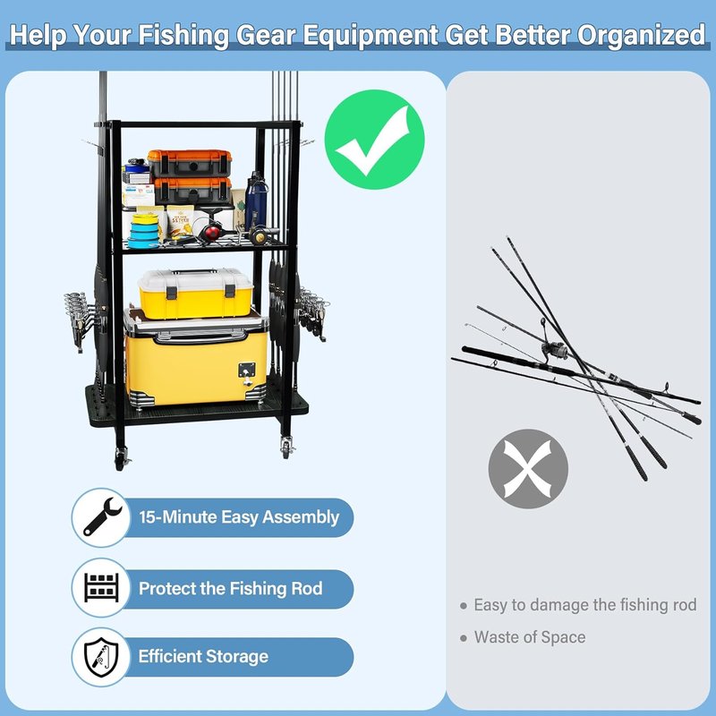 Fishing Rod Holder - 3-Tier Fishing Pole Rack Cart for 10 Rods | Tackle Storage Organizer with Bag - Black
