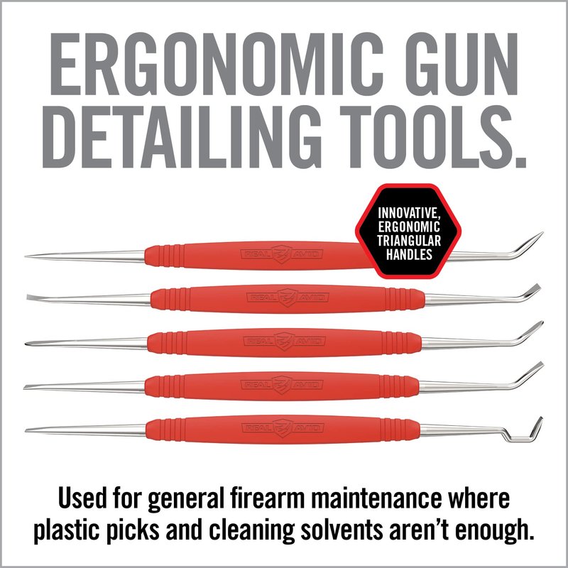Real Avid Stainless Steel Gun Cleaning Picks for Firearm Cleaning and Maintenance - Set of 5 | 10 Different Tip Shapes for Gun Cleaning | Ergonomic Handle For Superior Control and Easy Carbon Cleaning