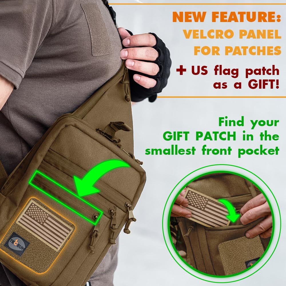 TECEUM Tactical Compact Sling Bag with patch – CCW for Everyday – for R&L Hand – Shoulder Crossbody Bag for Concealed Carry of Handgun – Pack (Coyote)