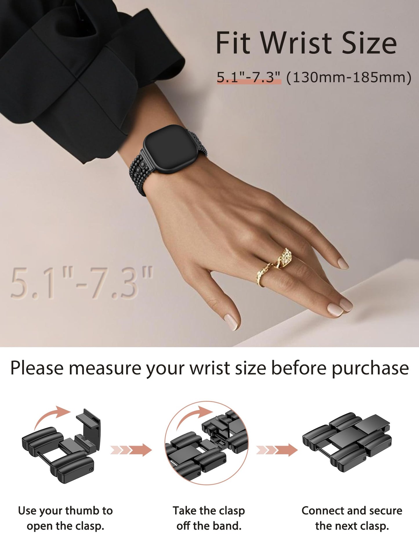 Minyee Metal Bands Compatible with Fitbit Versa 3/Sense 2/Versa 4/Sense Band Women, Dainty Pretty Stainless Steel Fancy Punk Black Adjustable Round Studded Link Bracelet Replacement Strap for Versa 3