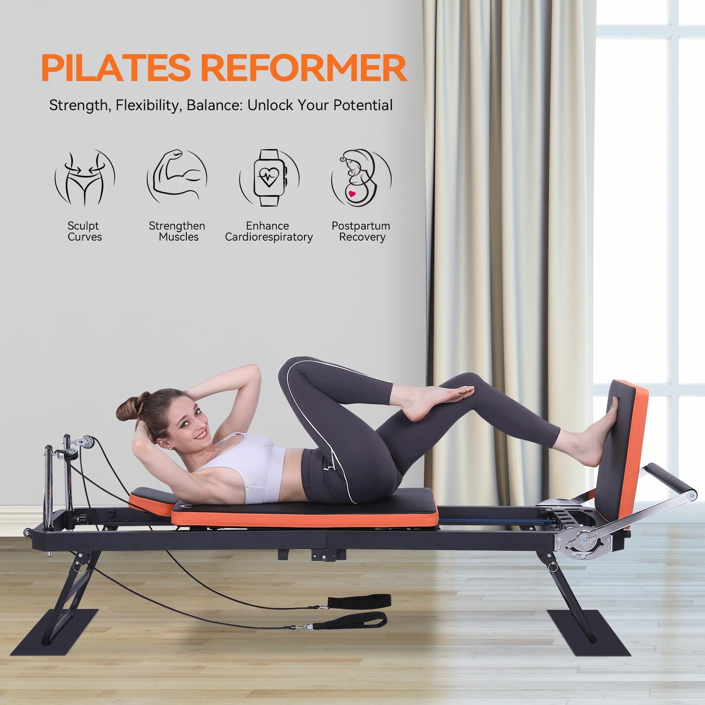 Ntoaujao Pilates Reformer, Foldable Pilates Machine for Home Gym Workout, Pilates Equipment Set with Springs, Cords & Jump Board, Suitable for Beginners & Advanced Users, Up to 250 lbs Weight Capacity