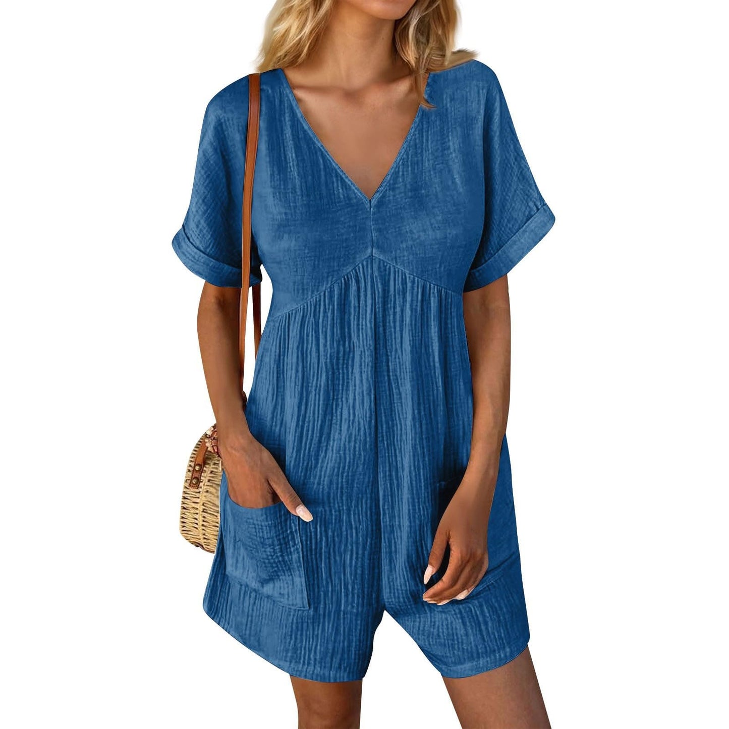 Lightning Deals Of Today Prime,Rompers for Women 2024 Dressy Casual Short Jumpsuits Summer Fashion Loose Fit Short Overalls Short Sleeve V Neck Summer Dresses Peime Day Beach Outfits(Dark Blue,XL)