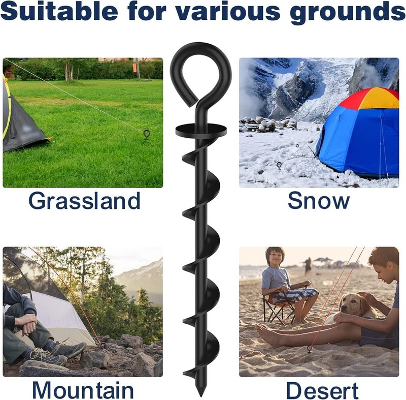 Heavy Duty Ground Stakes - Industrial Grade Spiral Steel Screw-In Anchors | 4 Pack with Bonus Tie-Down Ropes for Trampolines, Canopies, Outdoor Sheds - Black