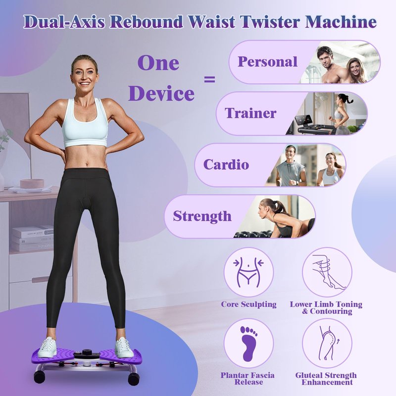 Nereusfwater Waist Twister Machine, 330 lbs Capacity, Noiseless Anti-Slip Twist Board with Resistance Bands, Adjustable Tension Knob & Foot Massage, Digital Display Tracks Time, Reps & Calories, Home Core Trainer for Men & Women (purple，with a display sc
