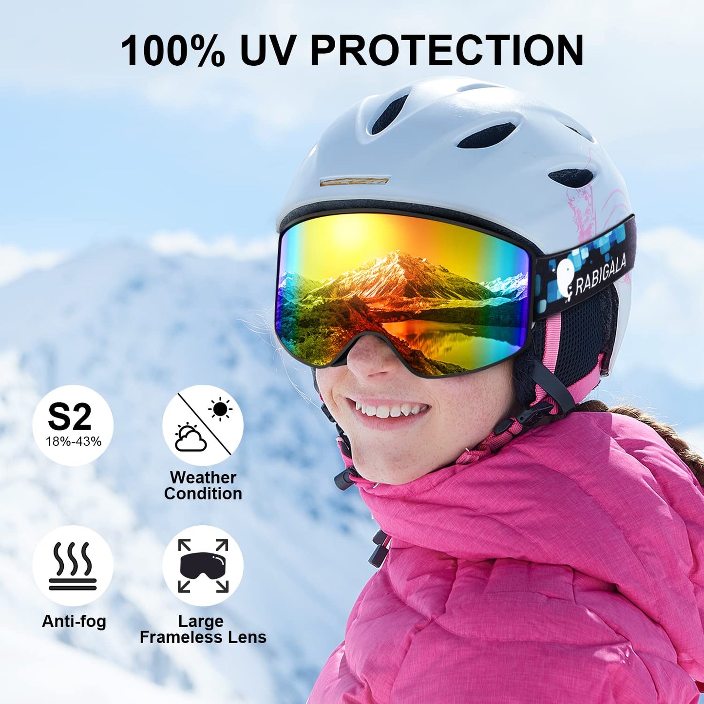 RABIGALA Ski Goggles Snowboard Goggles UV Protection Spherical Anti-fog Frameless Snow Goggles for Men Women Youth Adult (revo-)