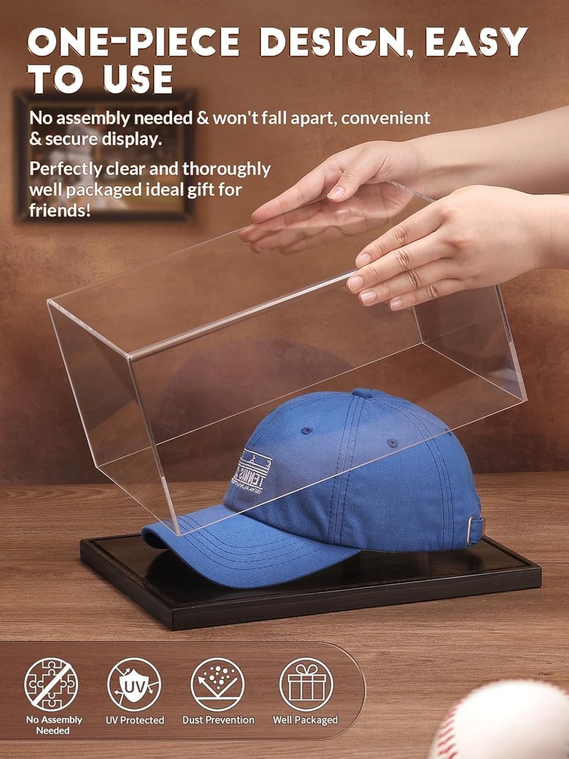 Acrylic Baseball Cap Display Case - Clear UV Protection Showcase with Solid Wood Base & Hat Shaper | Ideal Gift for Collectors, Black