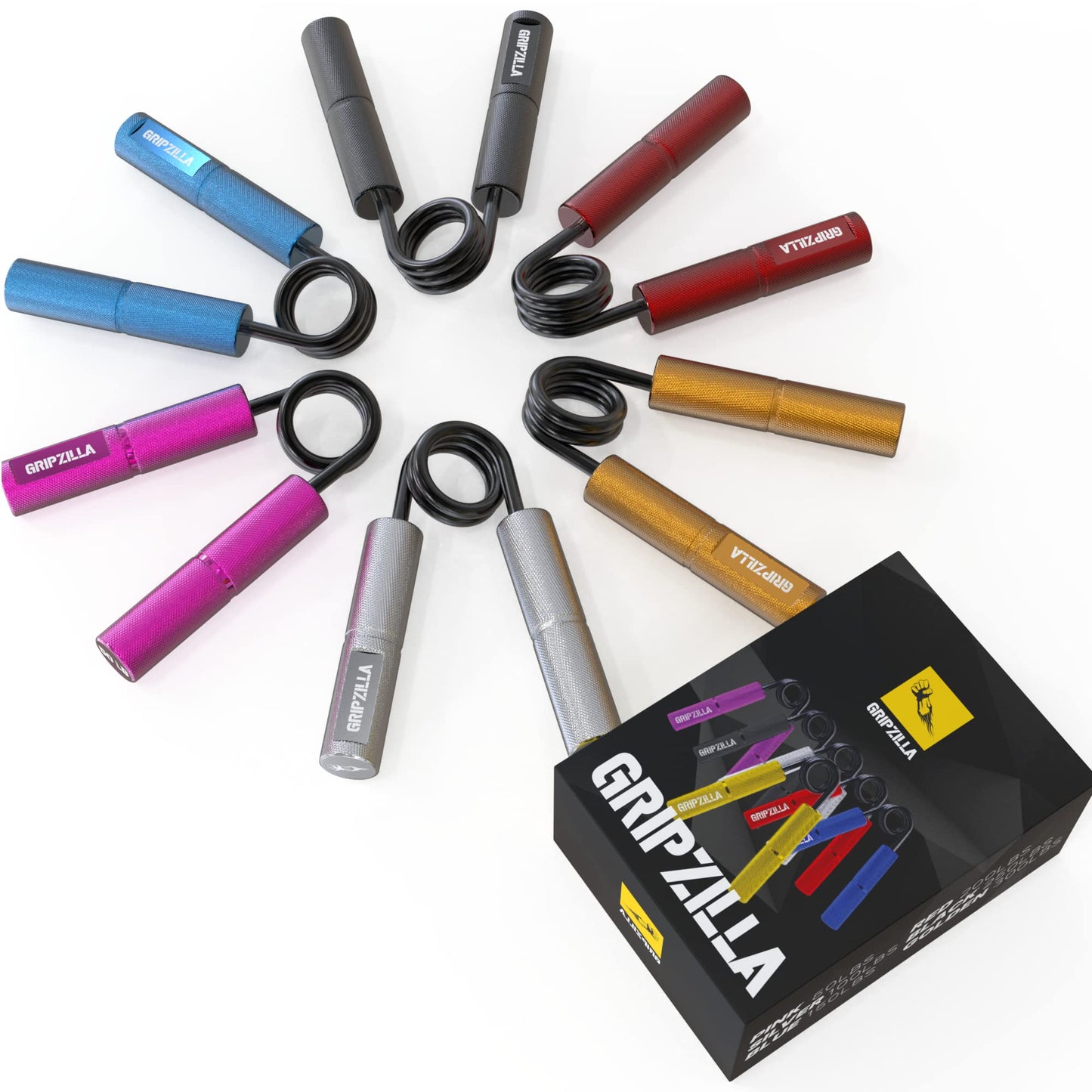 GRIPZILLA Grip Strength Trainer 50-300lb, 6Pack, Pink+Silver+Blue+Red+Yellow+Black