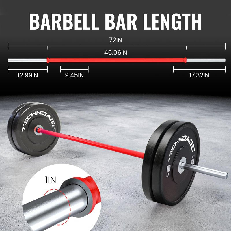 TECHNOAGE 6FT Olympic Barbell for Strength and Weightlifting Training, 1 Inch Olympic Bar Barbell for Squat, Curl, Deadlift, Bench Press, Overhead Press, Hip Thrust, 350LBS Capacity(Red&Silver)