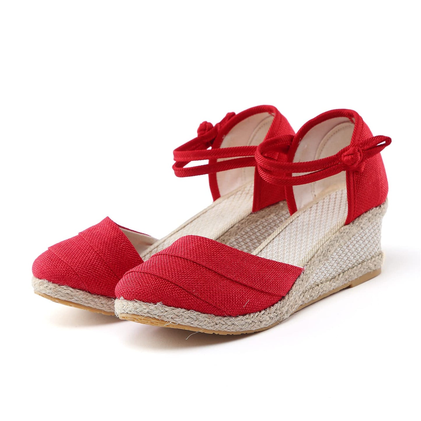 Shengsospp Women's Classic Espadrille Wedge Sandal Buckle Ankle Strap Espadrilles Wedge Casual Sandal Fashion Braided Breathable 01_Red, 7.5